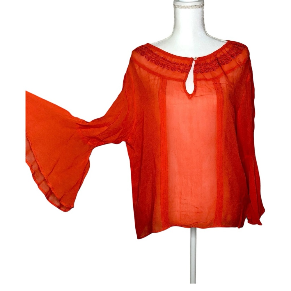 WALTER BAKER Shirt Blouse Top Sheer Peplum Sleeve Orange Embroidered Large